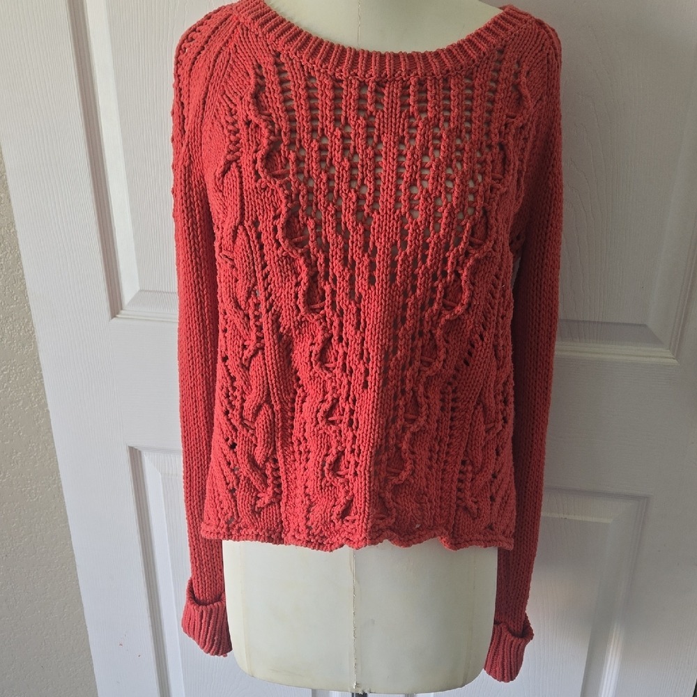 Free People Open Tulip Back Cable Knit Sweater Coral Orange Med Boho Pointelle